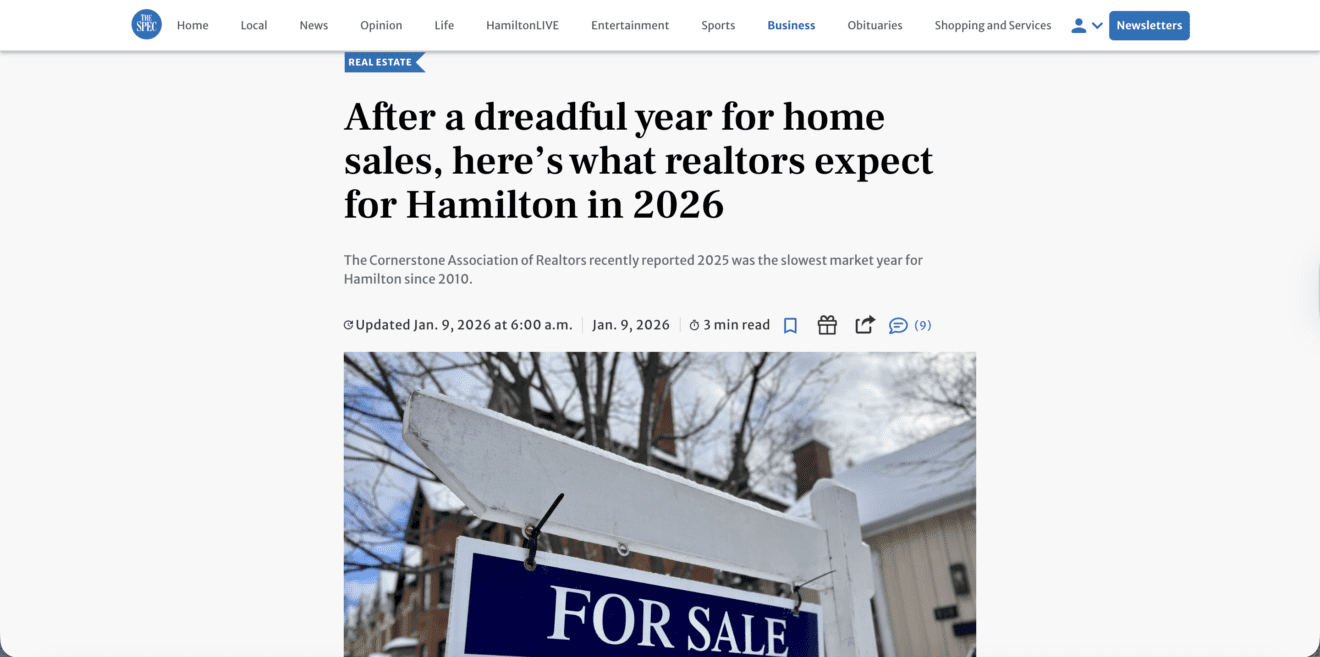 Screenshot of Hamilton Spectator article featuring Luke O’Reilly discussing the 2025 Hamilton–Burlington real estate market outlook and 2026 housing trends